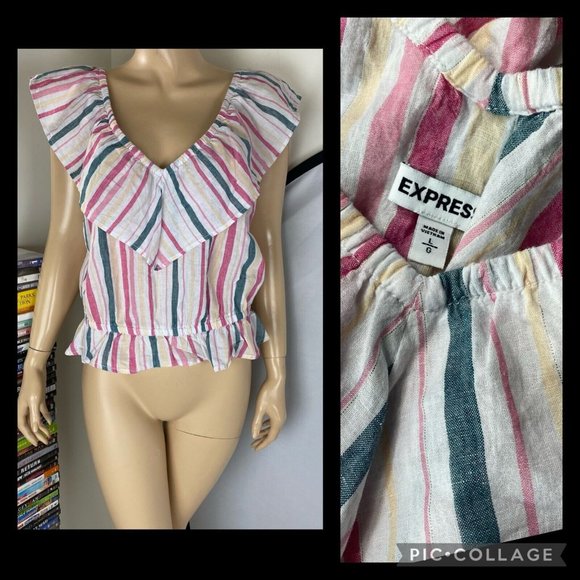 Express L Multicolor Metallic Striped Tiered V-Neck Peplum Ruffle Elastic Top - Picture 12 of 12
